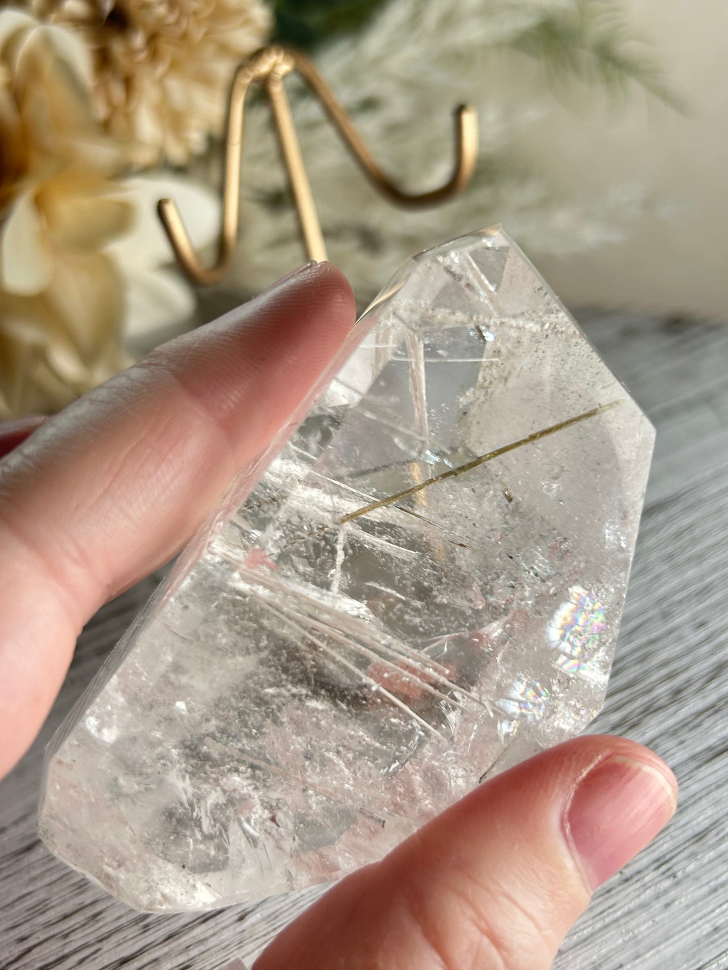 Rutilated Quartz Freeform with White & Silver Rutile and Green Tourmaline