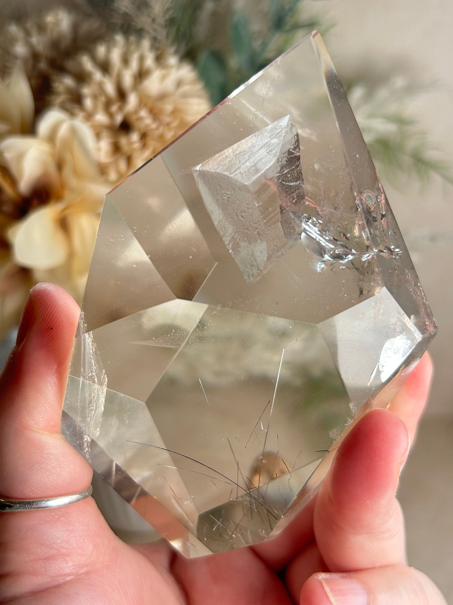 Rutilated Quartz Semi-Polished Statement Piece on Stand | High Clarity Quartz with Fine Rutile | One of a Kind Display Crystal