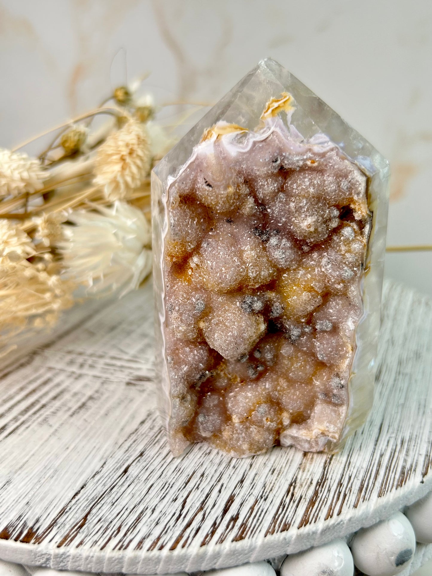 A sparkling Druzy Agate tower with soft pink, lavender and honey bubble formations and natural agate banding. A calming, grounding Brazilian statement piece.