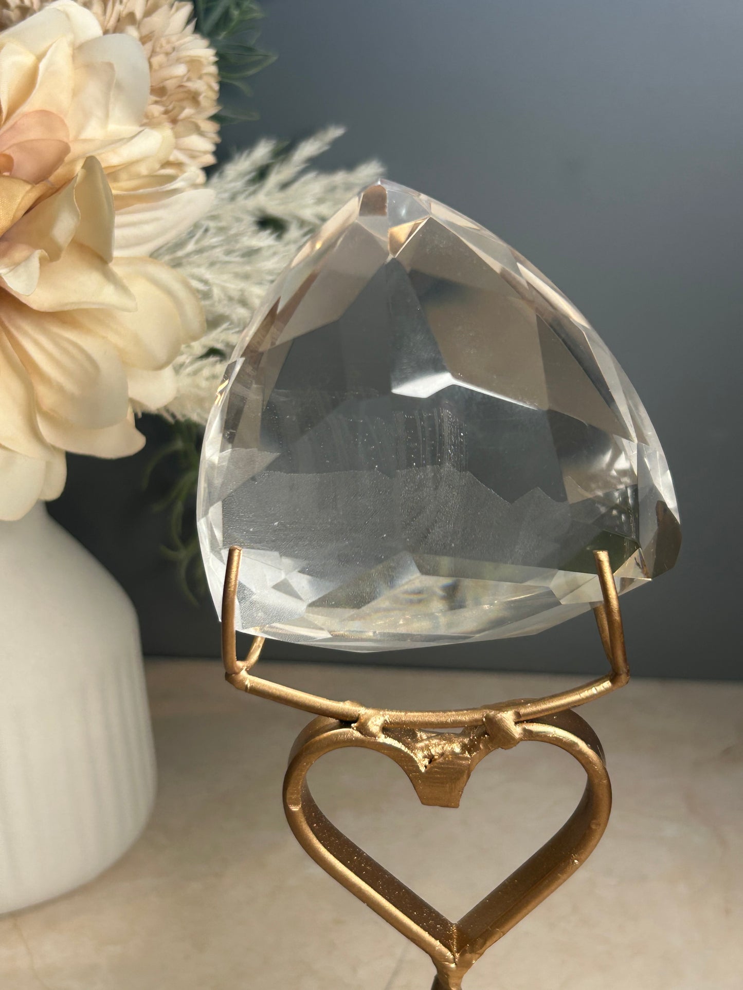 Faceted Clear Quartz Display Crystal on Custom Stand – Natural Quartz Piece - Iron “Butterfly” Inclusion