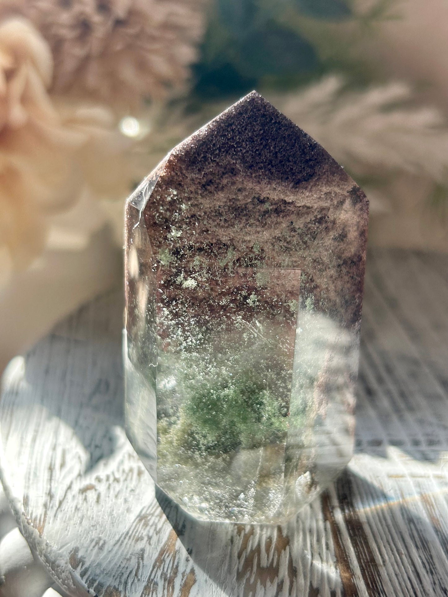 Inclusion Quartz Tower with natural mineral inclusions, polished clear Quartz, and unique internal crystal formations.