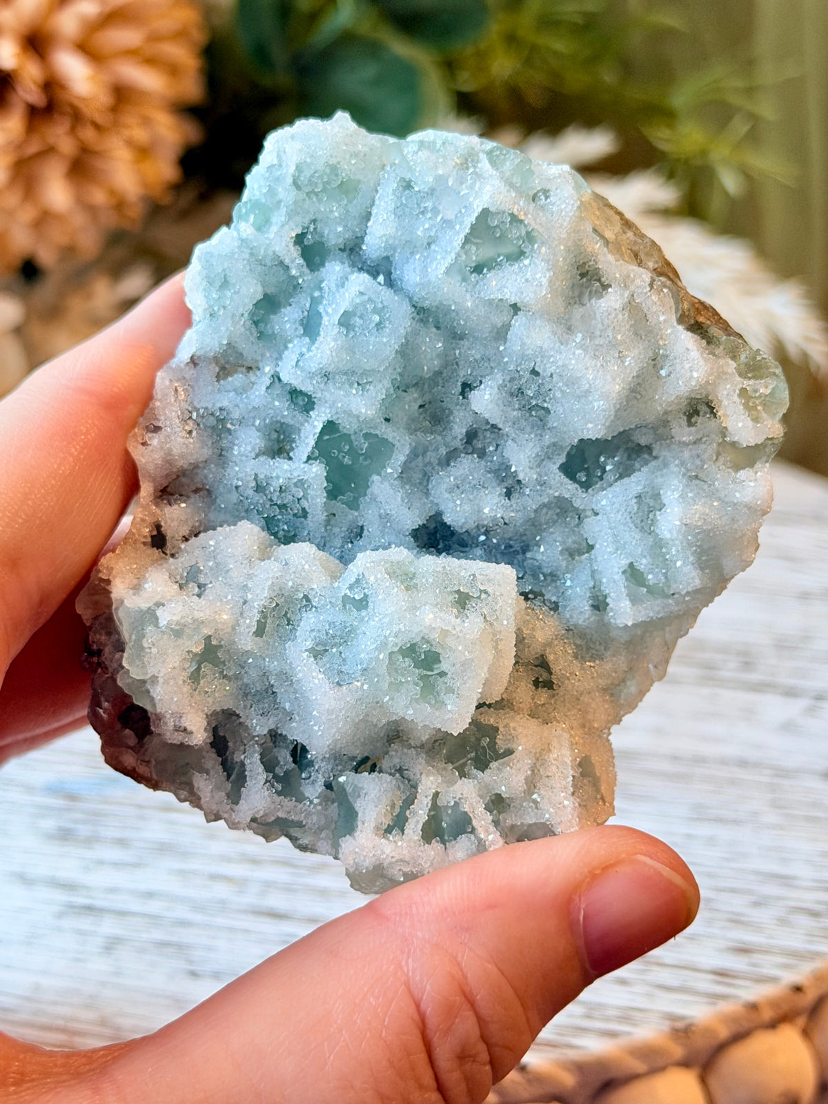 Green Sugar Fluorite Cluster - Stand Included