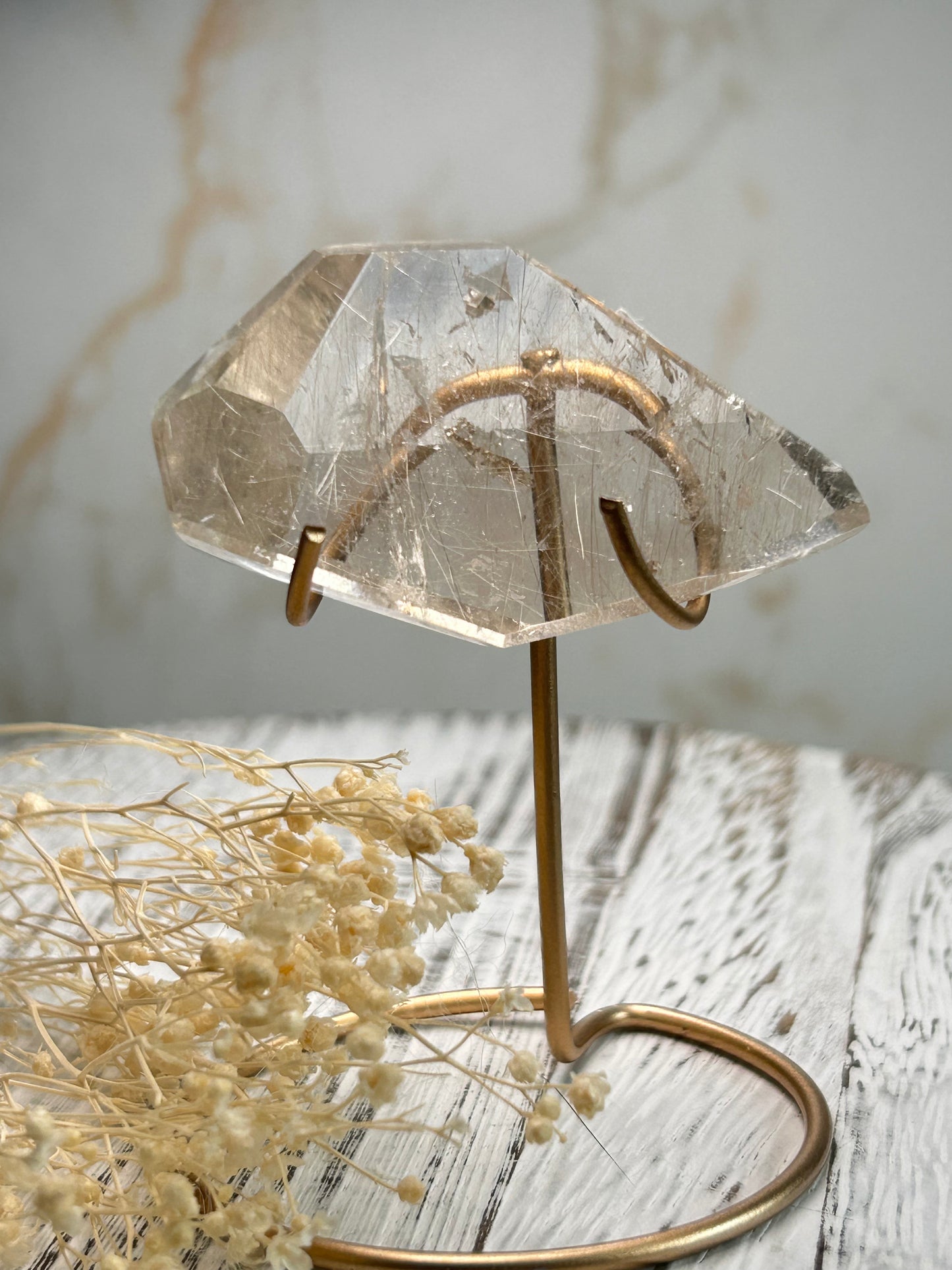 Rutilated Quartz Freeform on Gold Stand – High- Silver Threads