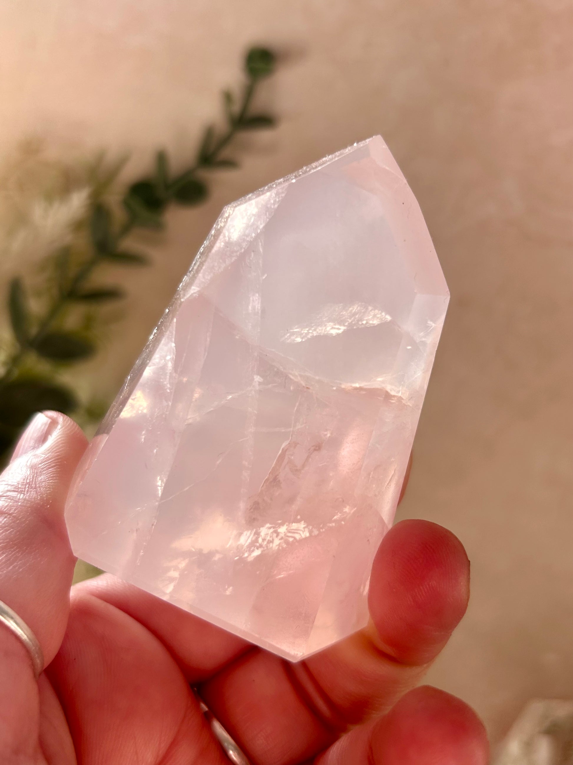 Hand holding a clear crystal with a blurred natural background