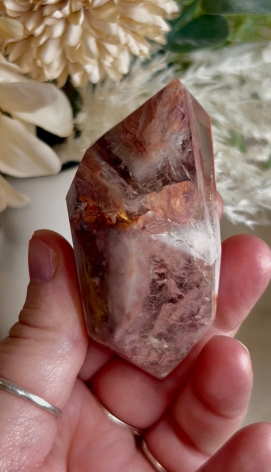 Rare High Grade Amphibole Quartz Freeform – Berry Pink Purple Plume Inclusion - Collectors - Gold Stand Included
