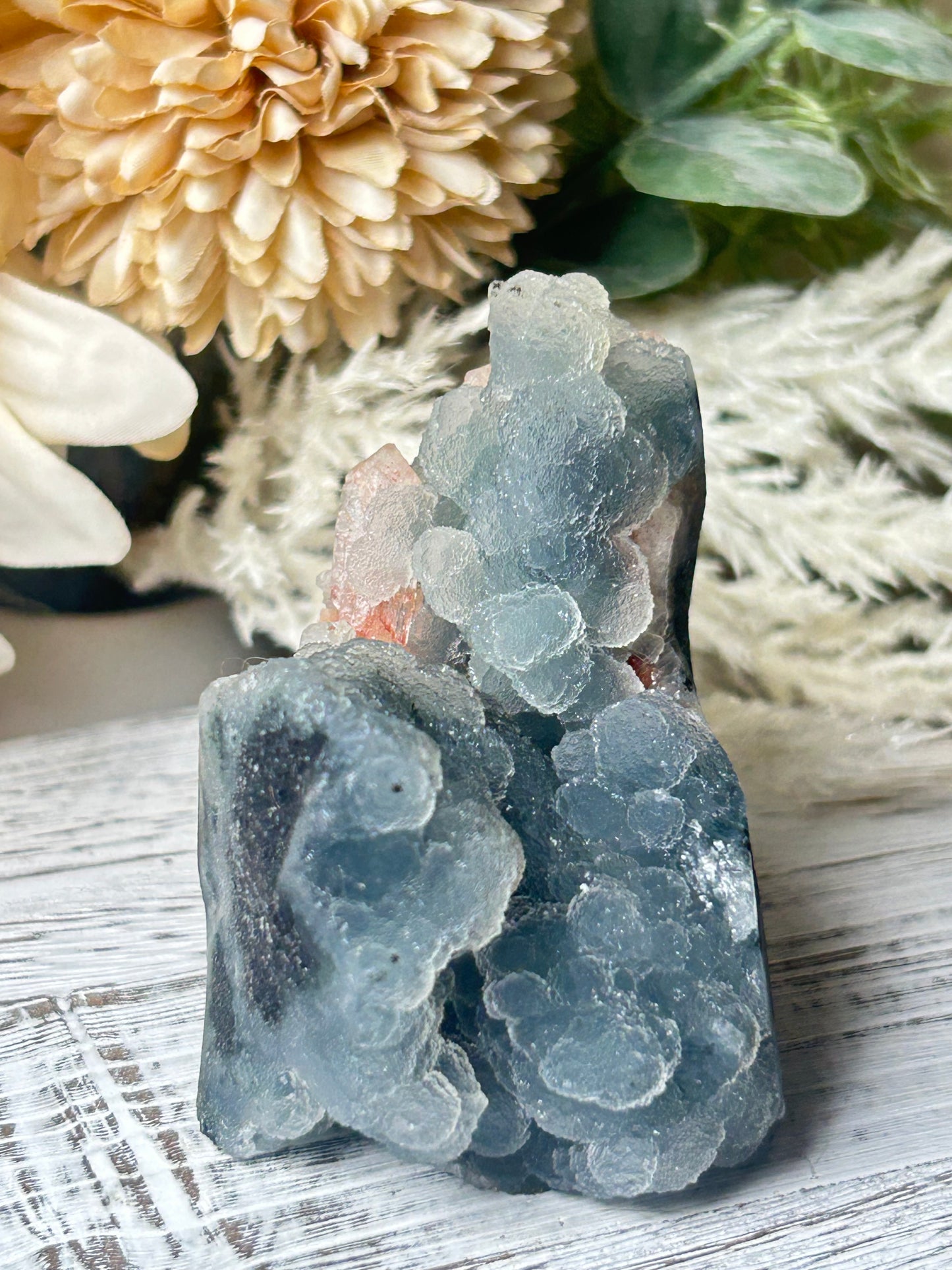 Stilbite on chalcedony cluster with peach fan-shaped crystals on blue grey matrix natural mineral specimen