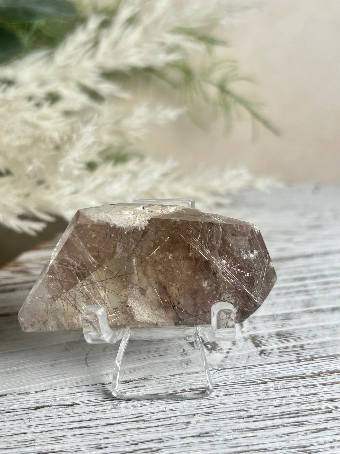 Rutilated Quartz Tower – Angel Hair Rutile - Silver Threads - Wite Lodlite - Stand Included