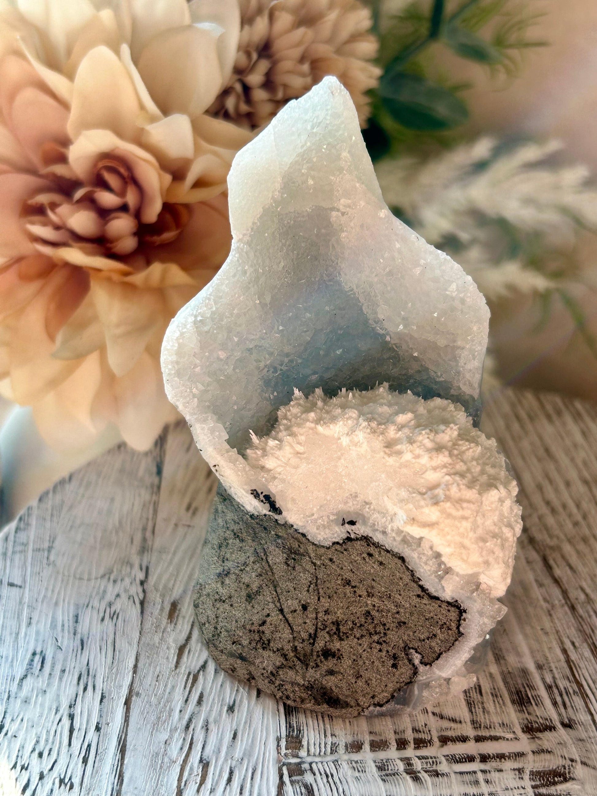 Natural Okenite on Grey Chalcedony with fibrous white formations and natural basalt matrix.