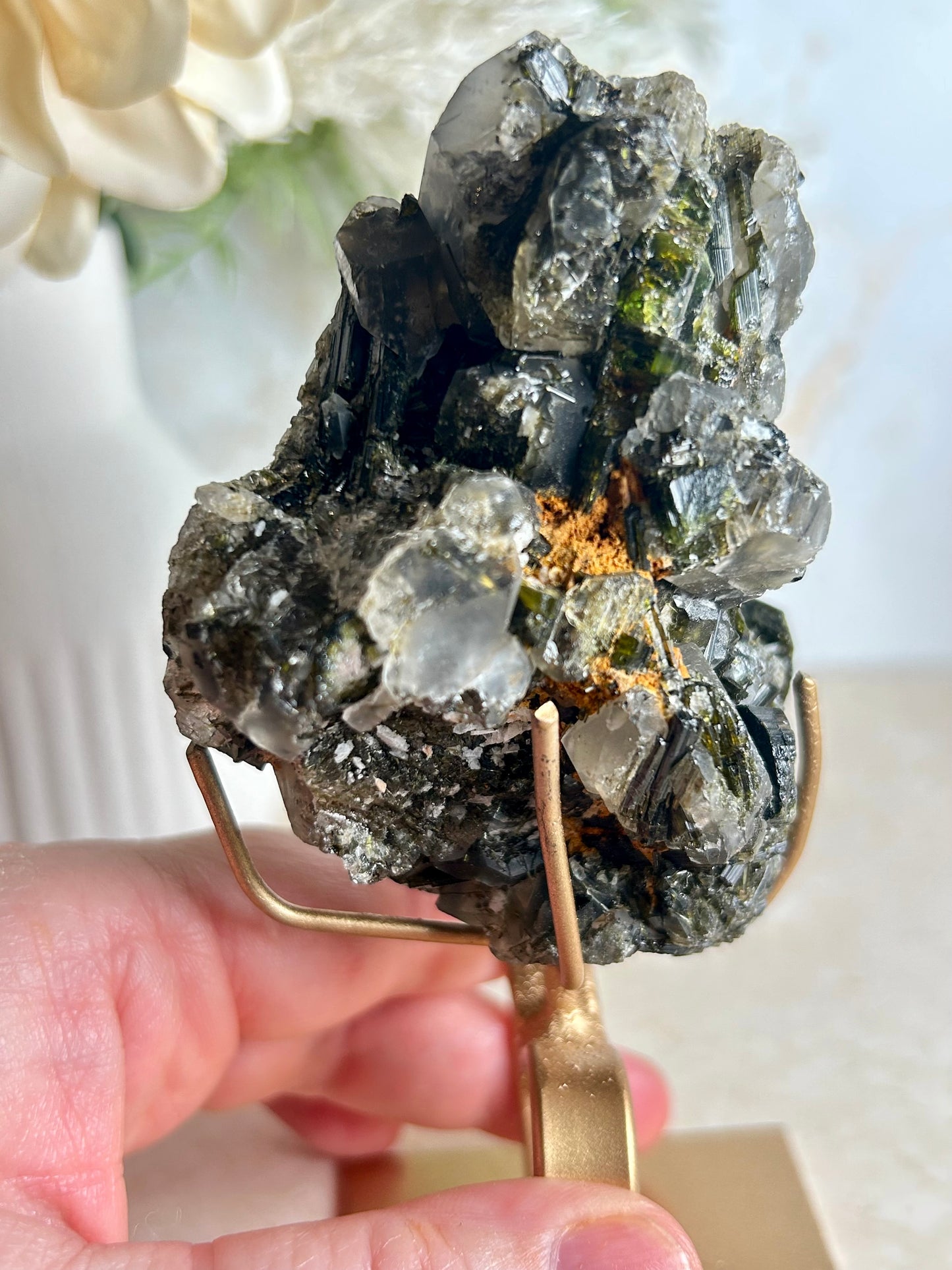 Natural Tourmaline & Epidote Crystal Cluster on Display Stand – Collector Mineral Specimen