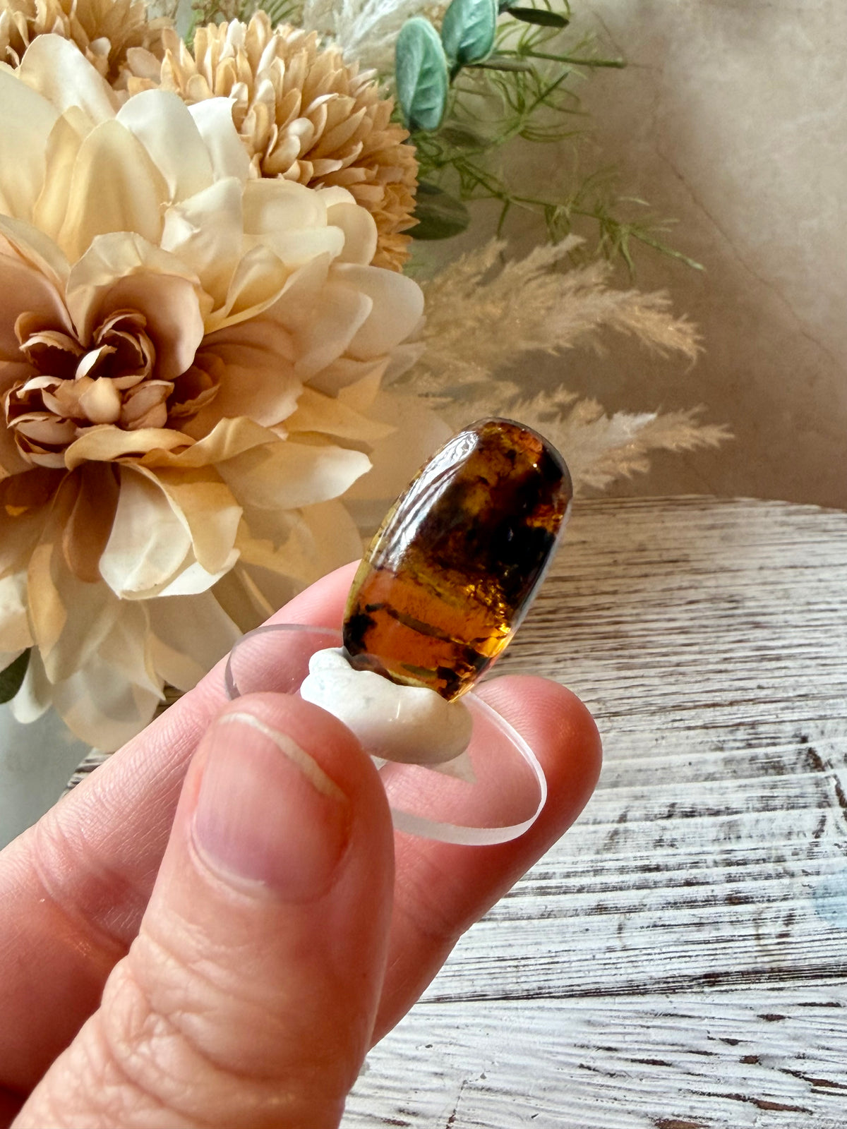 Natural Chiapas Amber cabochon from Mexico with warm golden tones and polished finish.