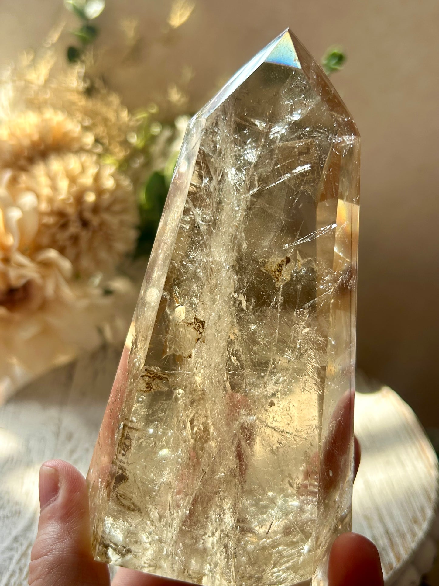 Large Citrine Tower – Golden  Point with Wispy Inclusions - Rainbow Inclusion