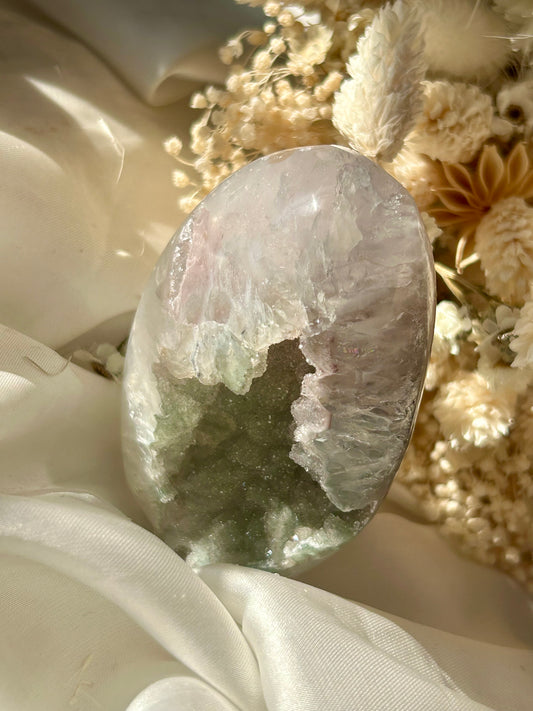 Soft Sugar Amethyst with green druzy heart, polished Uruguayan crystal on satin with dried flowers