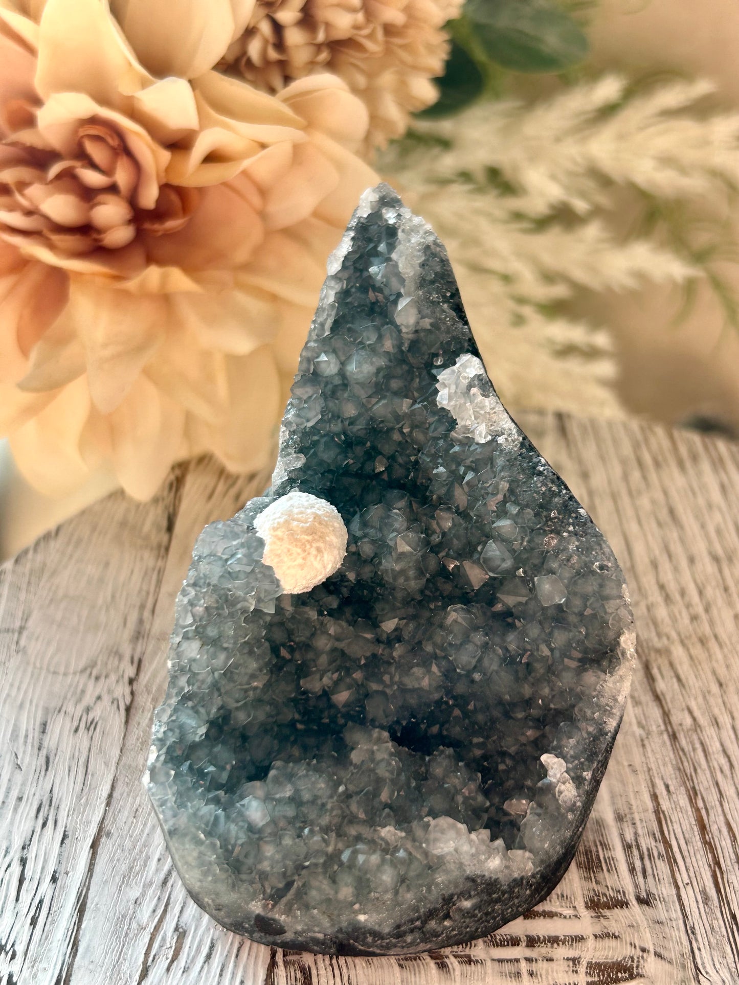 Natural Okenite on Grey Chalcedony with fibrous white formations and natural basalt matrix.