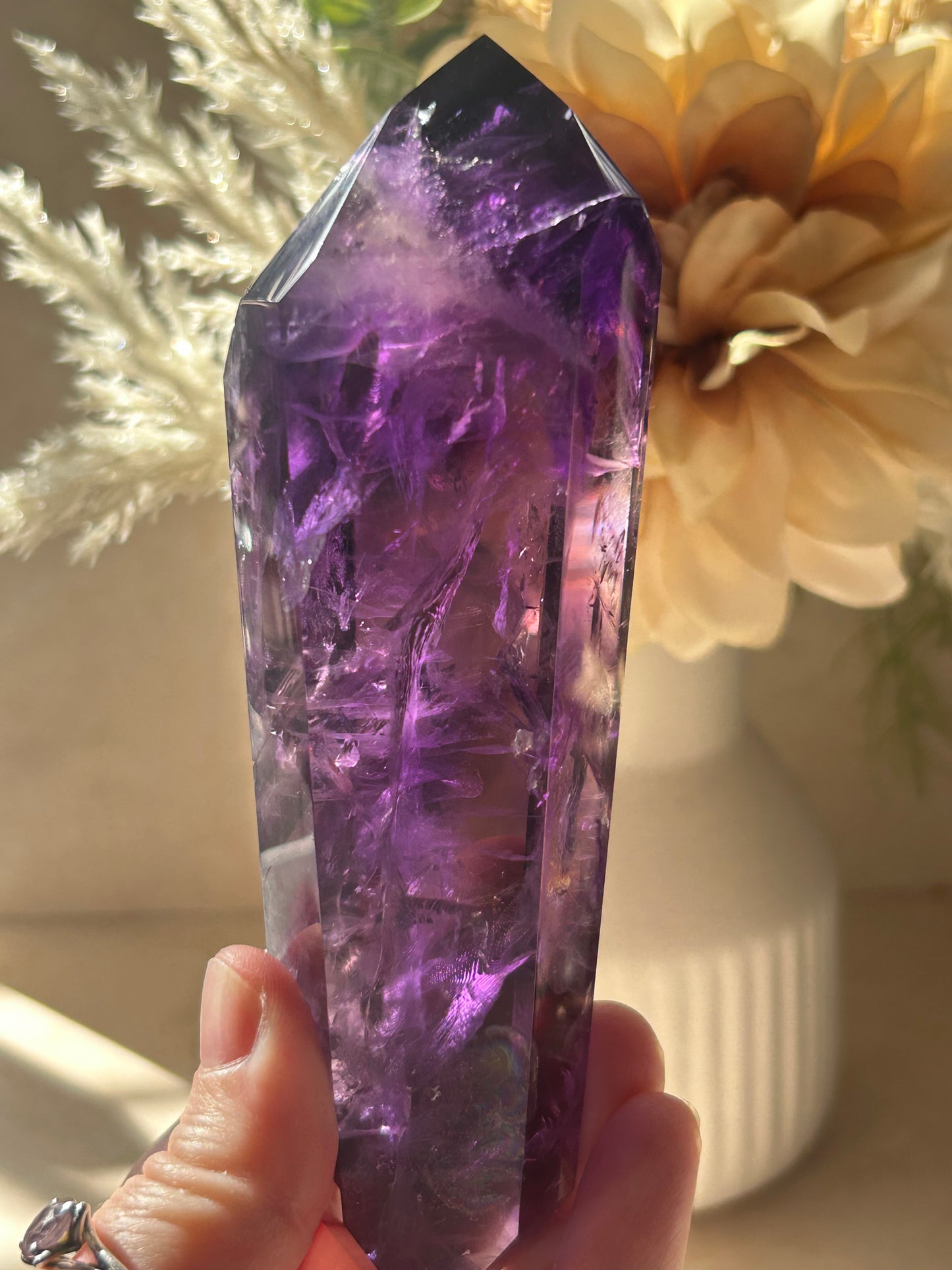 High-Grade Amethyst Point on Display Stand – Deep Violet Clarity Piece