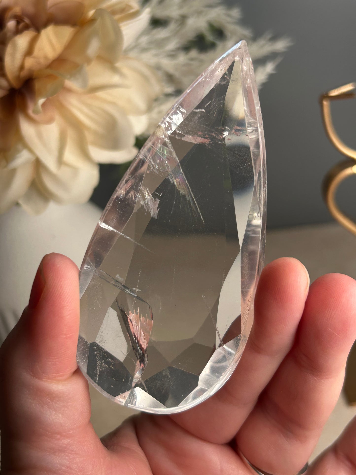 Faceted Clear Quartz Display Crystal on Custom Stand – Natural Quartz Piece - Iron “Butterfly” Inclusion