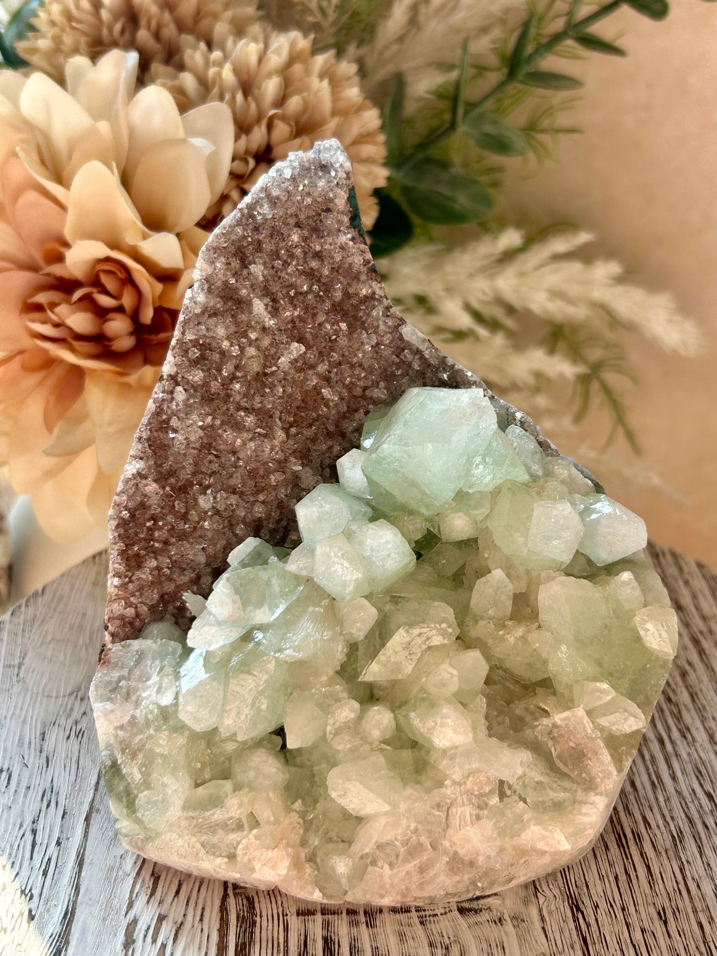 Green Apophyllite on Red Chalcedony Cluster