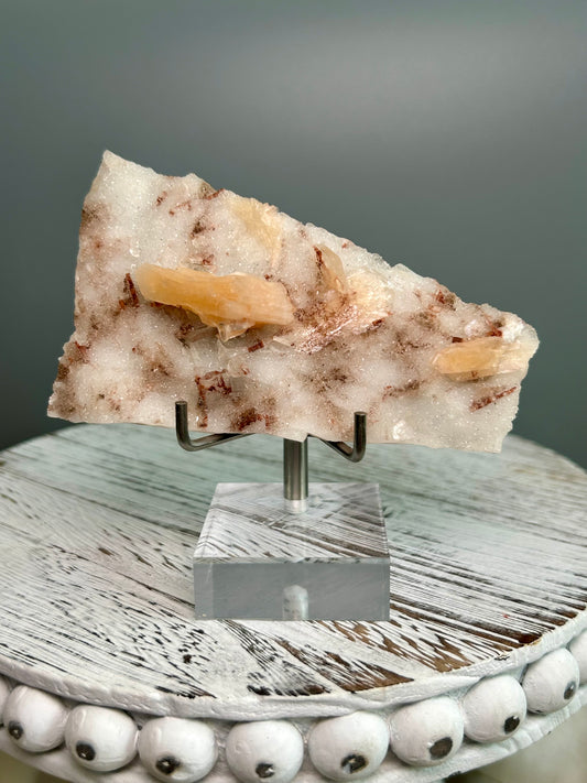 Apophyllite and Stilbite mineral specimen on matrix from Sangamner India, peach stilbite crystals and clear apophyllite cluster on acrylic stand.