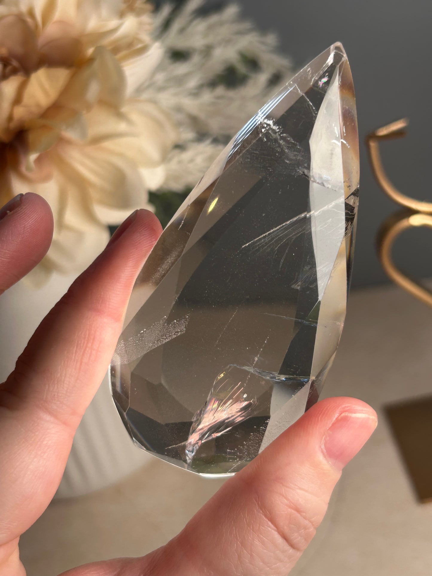 Faceted Clear Quartz Display Crystal on Custom Stand – Natural Quartz Piece - Iron “Butterfly” Inclusion