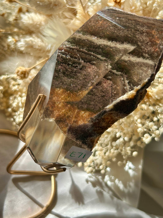 Large Lodolite semi polished Lodolite on gold display stand