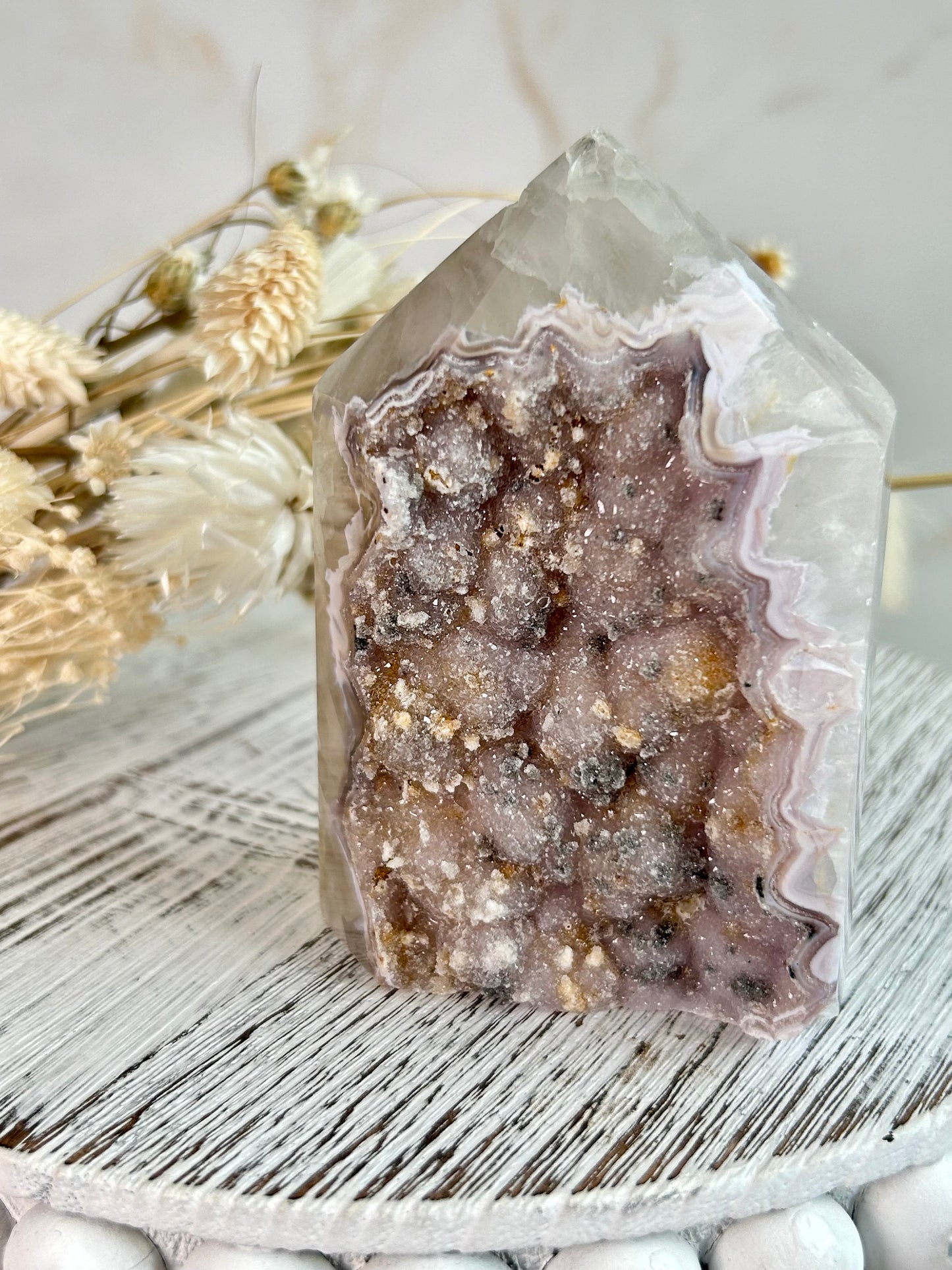 A sparkling Druzy Agate tower with soft pink, lavender and honey bubble formations and natural agate banding. A calming, grounding Brazilian statement piece.