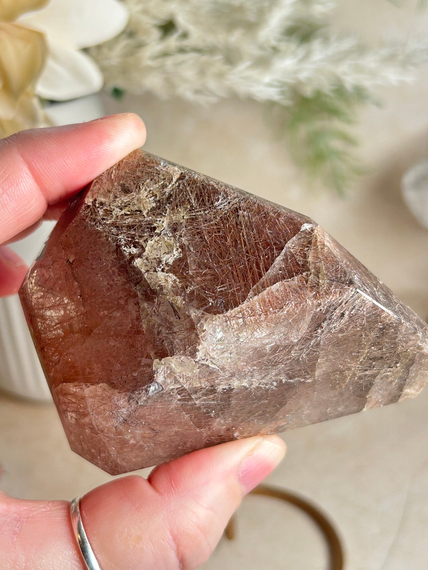 Rutilated Quartz Semi-Polished Statement Piece on Stand | Dense Golden Rutile Inclusions | One of a Kind Display Crystal