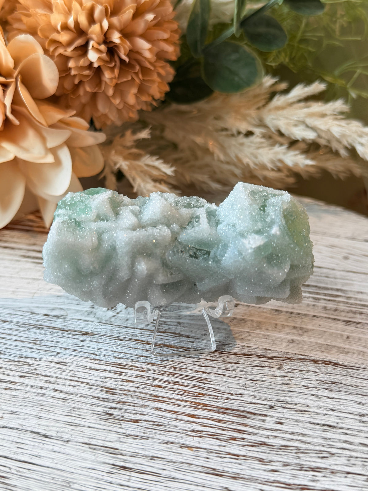 Green Sugar Fluorite Cluster - Stand Included