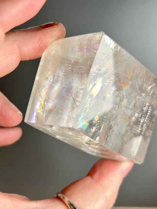 Optical Calcite Cube — Clear Iceland Spar Crystal | Rainbow Flashes