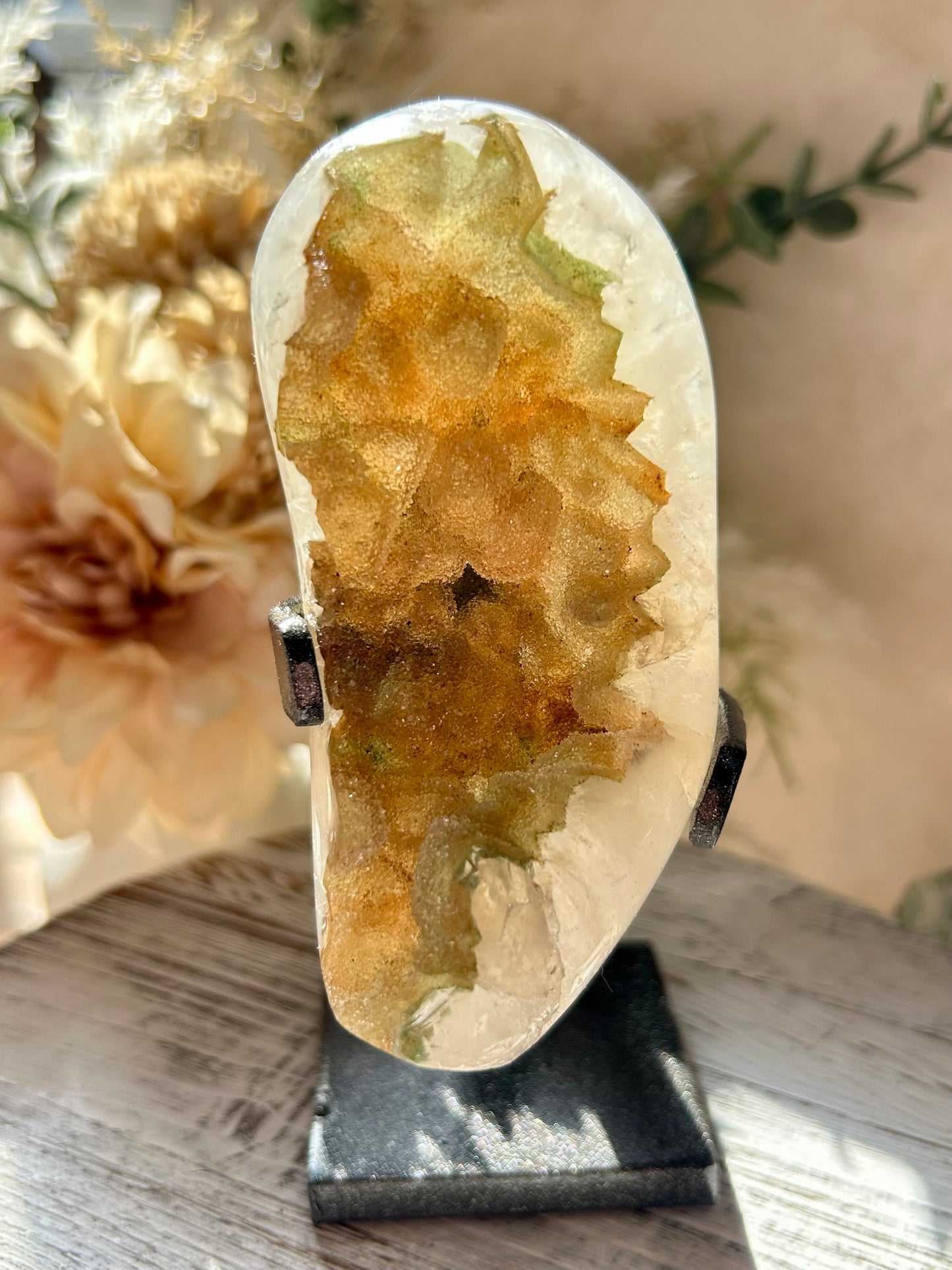 Rainbow Amethyst statement piece with honey sugar druzy, polished Quartz, and custom display stand.