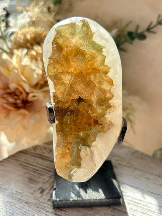 Rainbow Amethyst statement piece with honey sugar druzy, polished Quartz, and custom display stand.