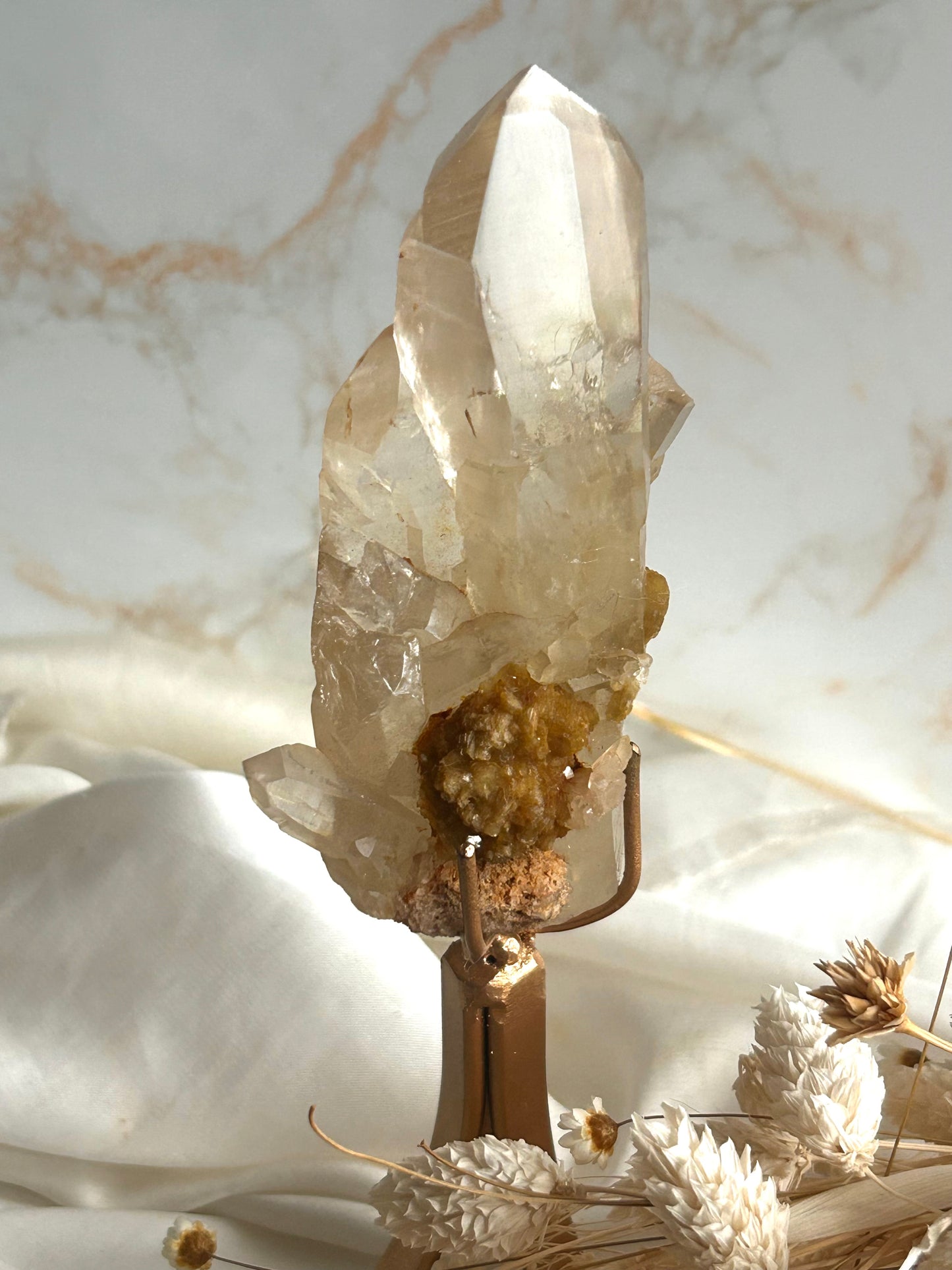 Cathedral Citrine with Albite & Muscovite – Natural Brazilian Golden Quartz Cluster | Custom stand included