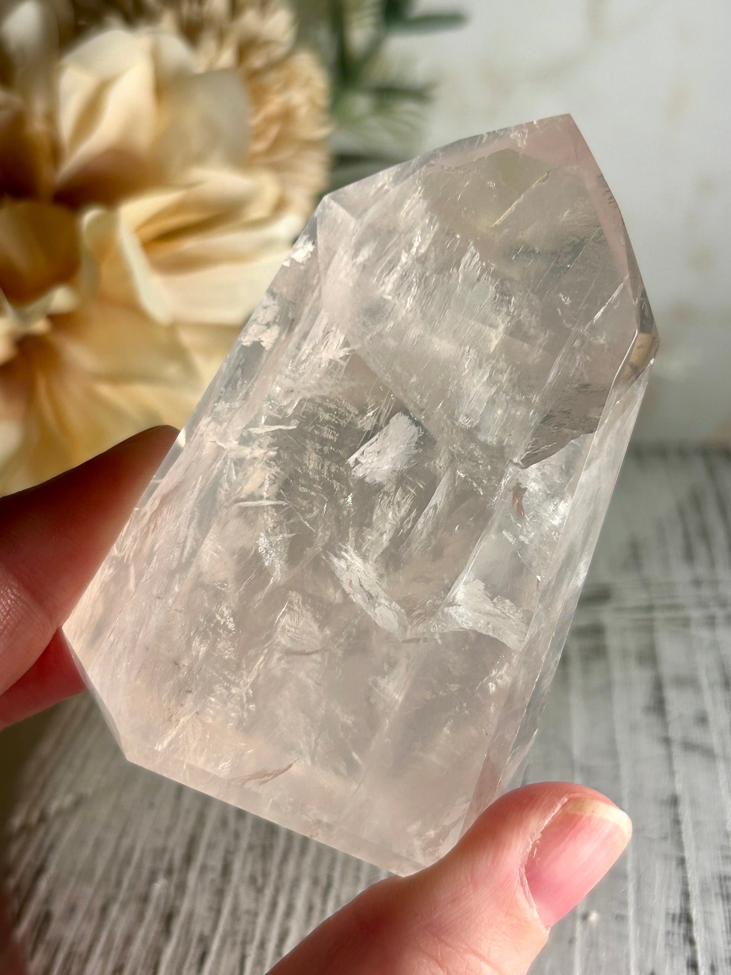 Icy Pink Girasol Quartz Tower – Polished Semi-Translucent Crystal Point