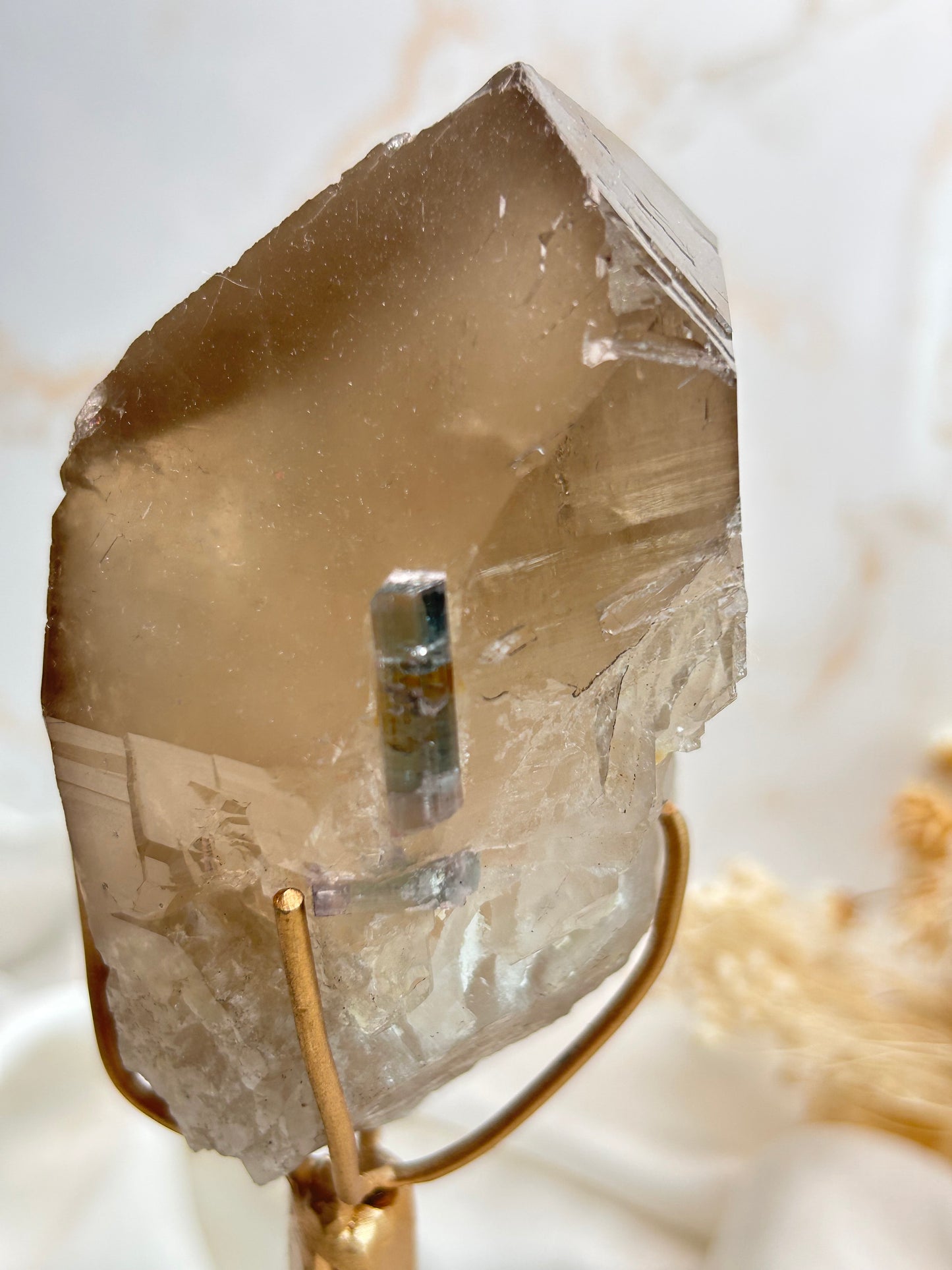 Citrine with Tourmaline Inclusion – Natural Golden Quartz from Brazil | custom stand included