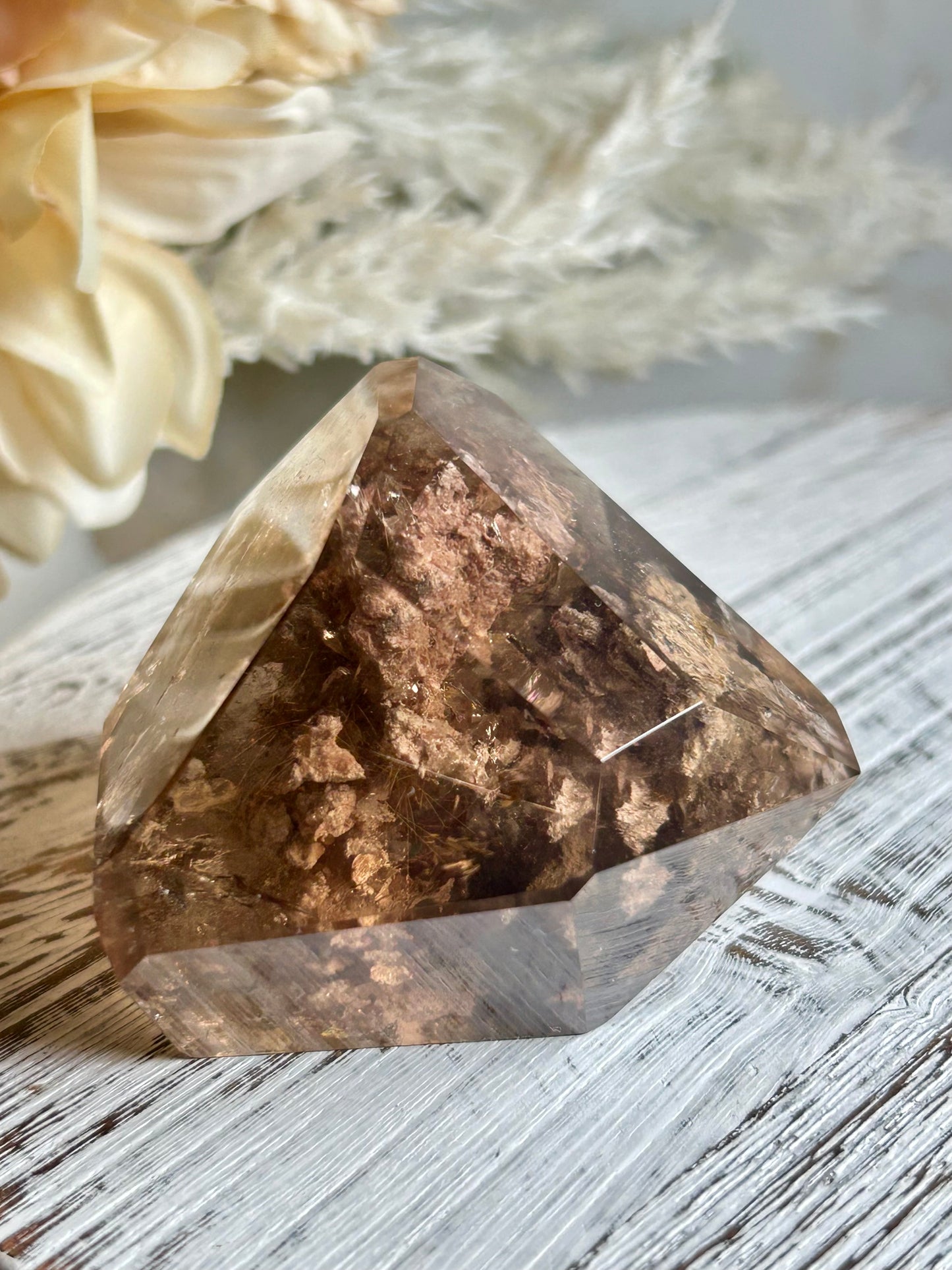Natural rutile lodolite quartz with earthy garden inclusions, polished and photographed in soft natural light