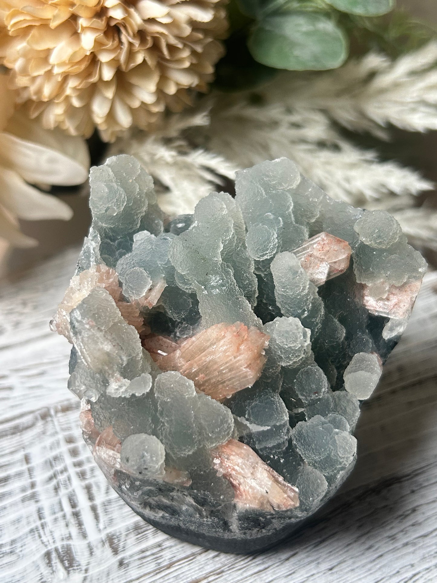 Stilbite on Chalcedony Cluster – Soft Peach Sheaves on Blue-Grey Matrix