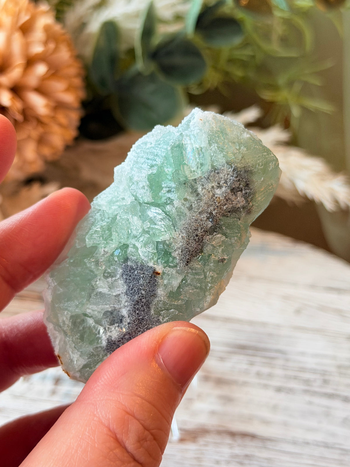 Green Sugar Fluorite Cluster - Stand Included