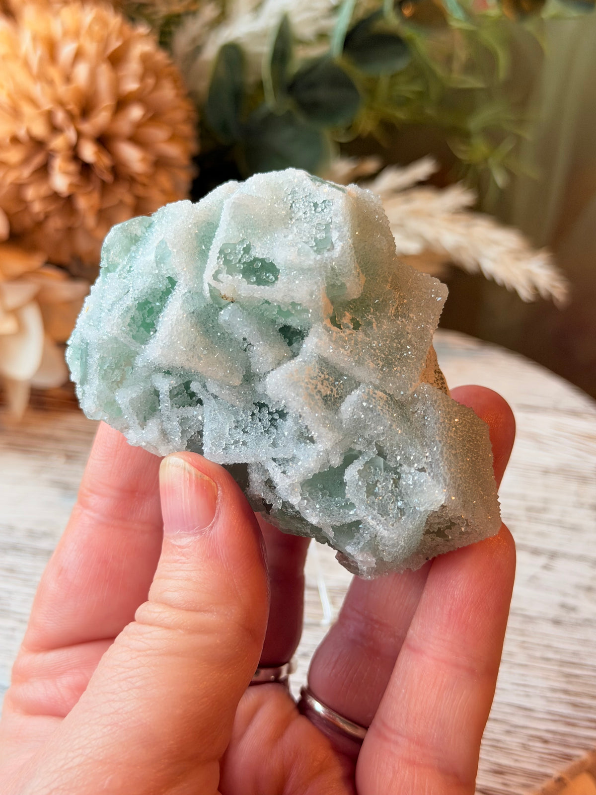 Green Sugar Fluorite Cluster - Stand Included