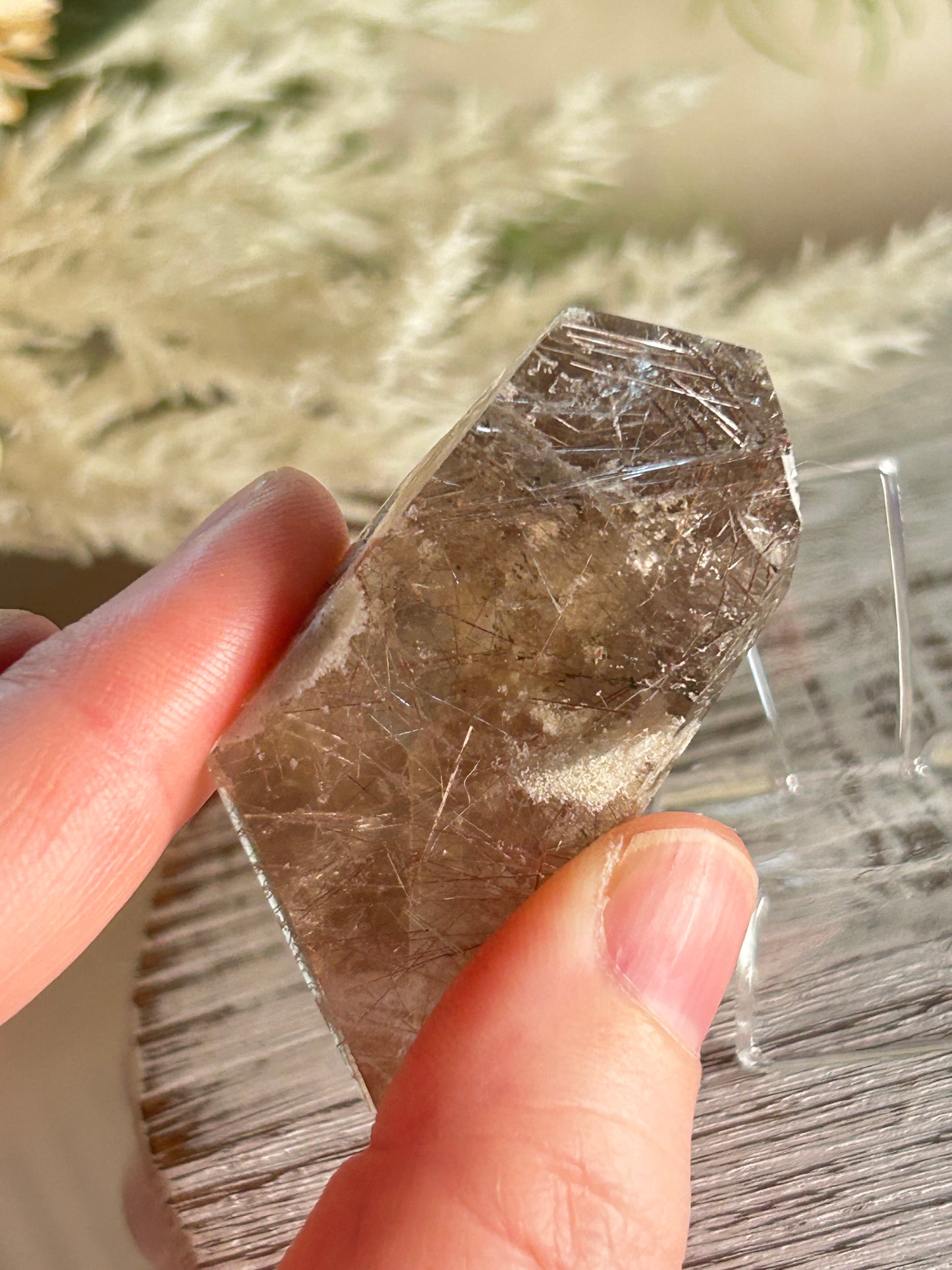 Rutilated Quartz Tower – Angel Hair Rutile - Silver Threads - Wite Lodlite - Stand Included