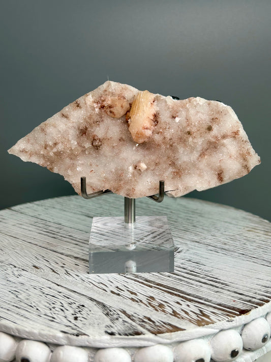 Apophyllite and Stilbite mineral specimen on matrix from Sangamner India, peach stilbite crystals and clear apophyllite cluster on acrylic stand.