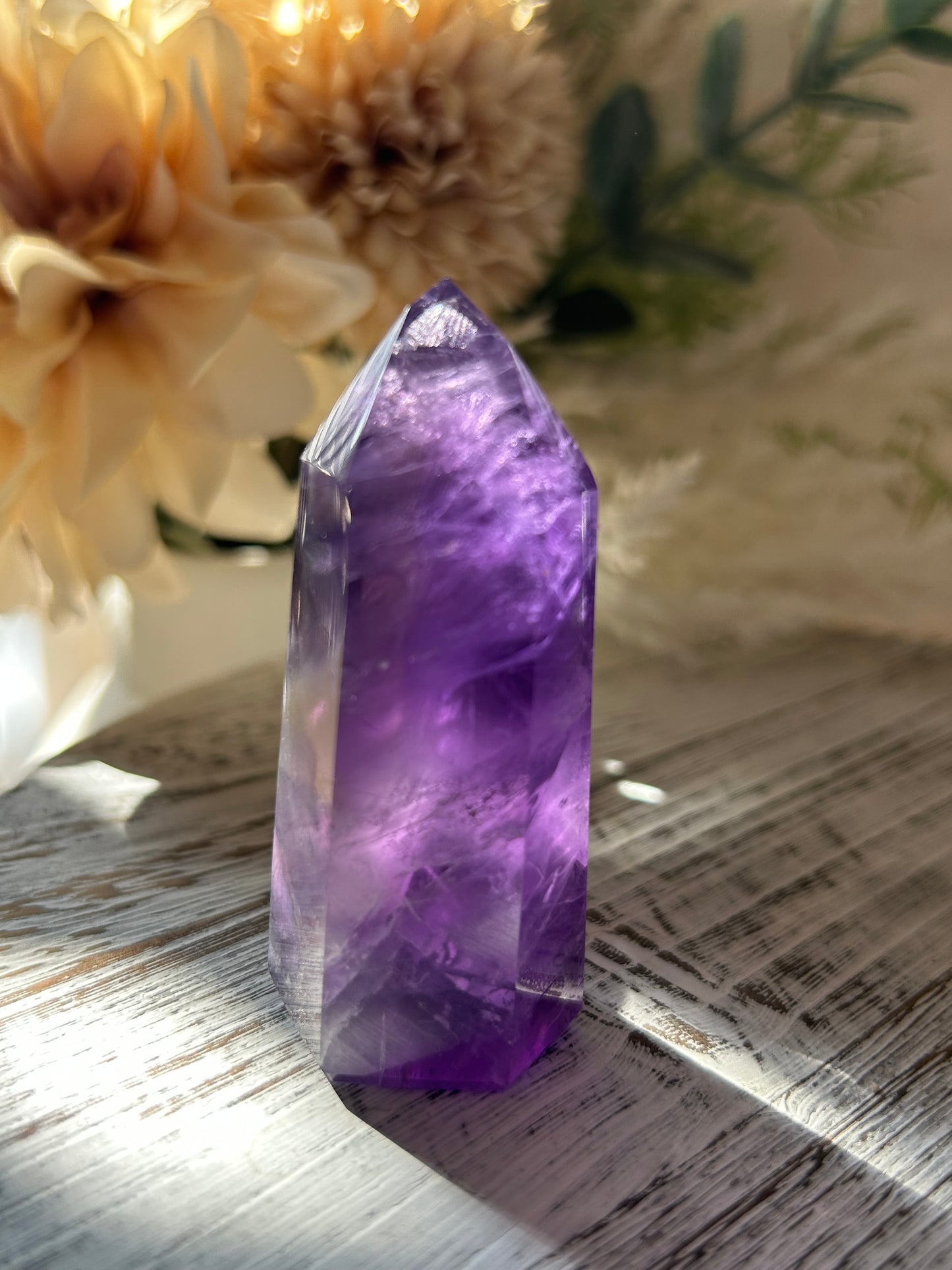 Royal Amethyst polished tower point crystal with natural quartz and amethyst variation