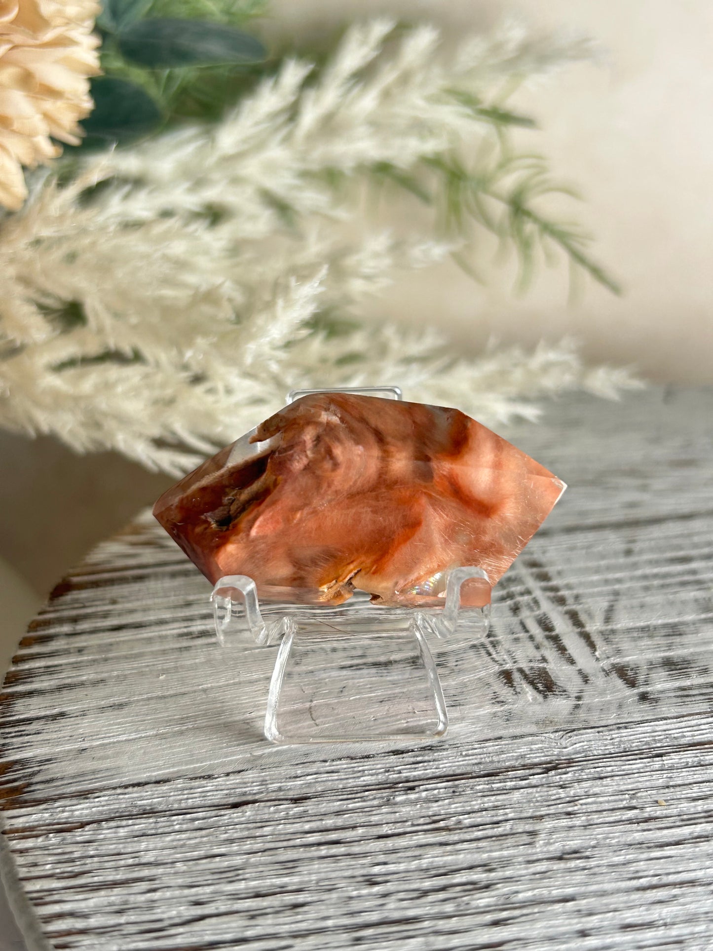 High Grade Amphibole Quartz Freeform – Orange Plume Inclusion - Stand Included