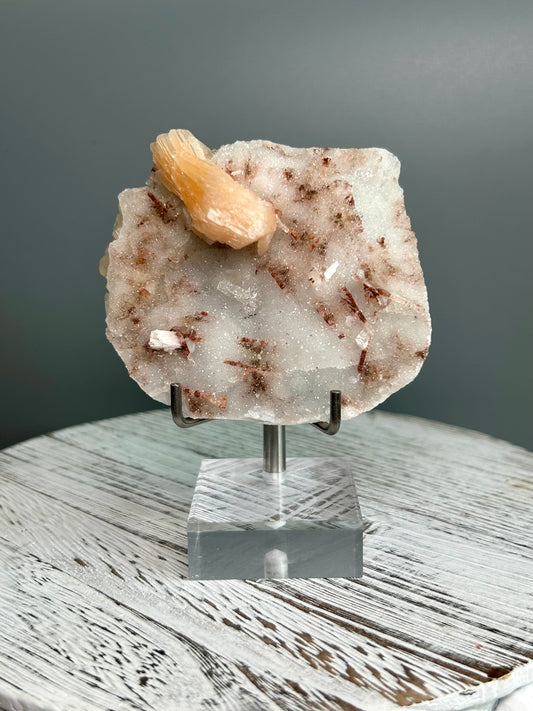Apophyllite and Stilbite mineral specimen on matrix from Sangamner India, peach stilbite crystals and clear apophyllite cluster on acrylic stand.