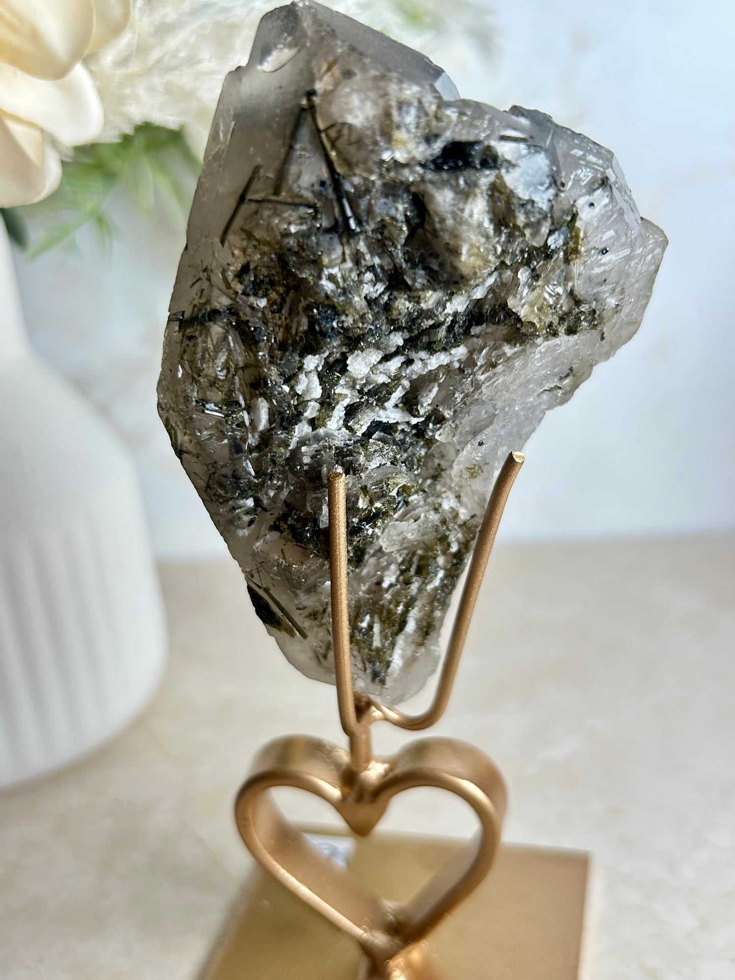 Natural Tourmaline & Epidote Crystal Cluster on Display Stand – Collector Mineral Specimen
