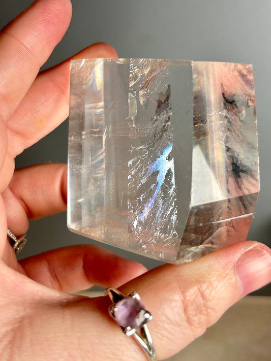 Optical Calcite Cube — Clear Iceland Spar Crystal | Rainbow Flashes