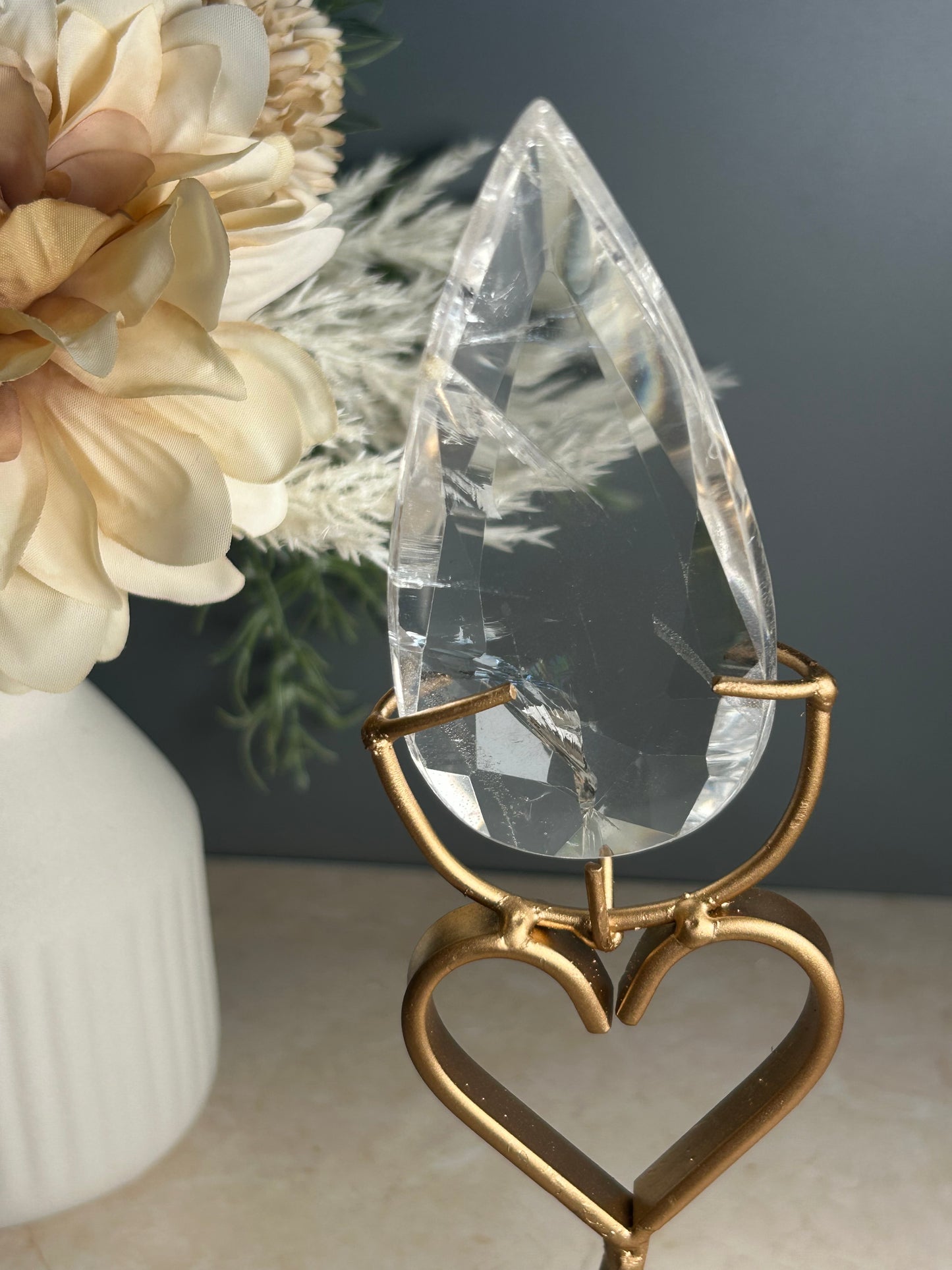 Faceted Clear Quartz Display Crystal on Custom Stand – Natural Quartz Piece - Iron “Butterfly” Inclusion