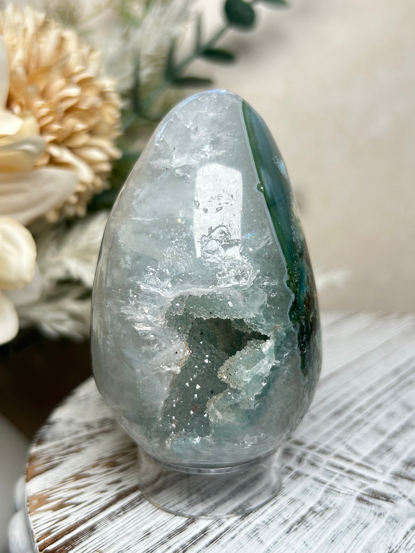 Rainbow Amethyst & Agate Egg | Polished Crystal Egg | White & Green Amethyst Agate Display Piece