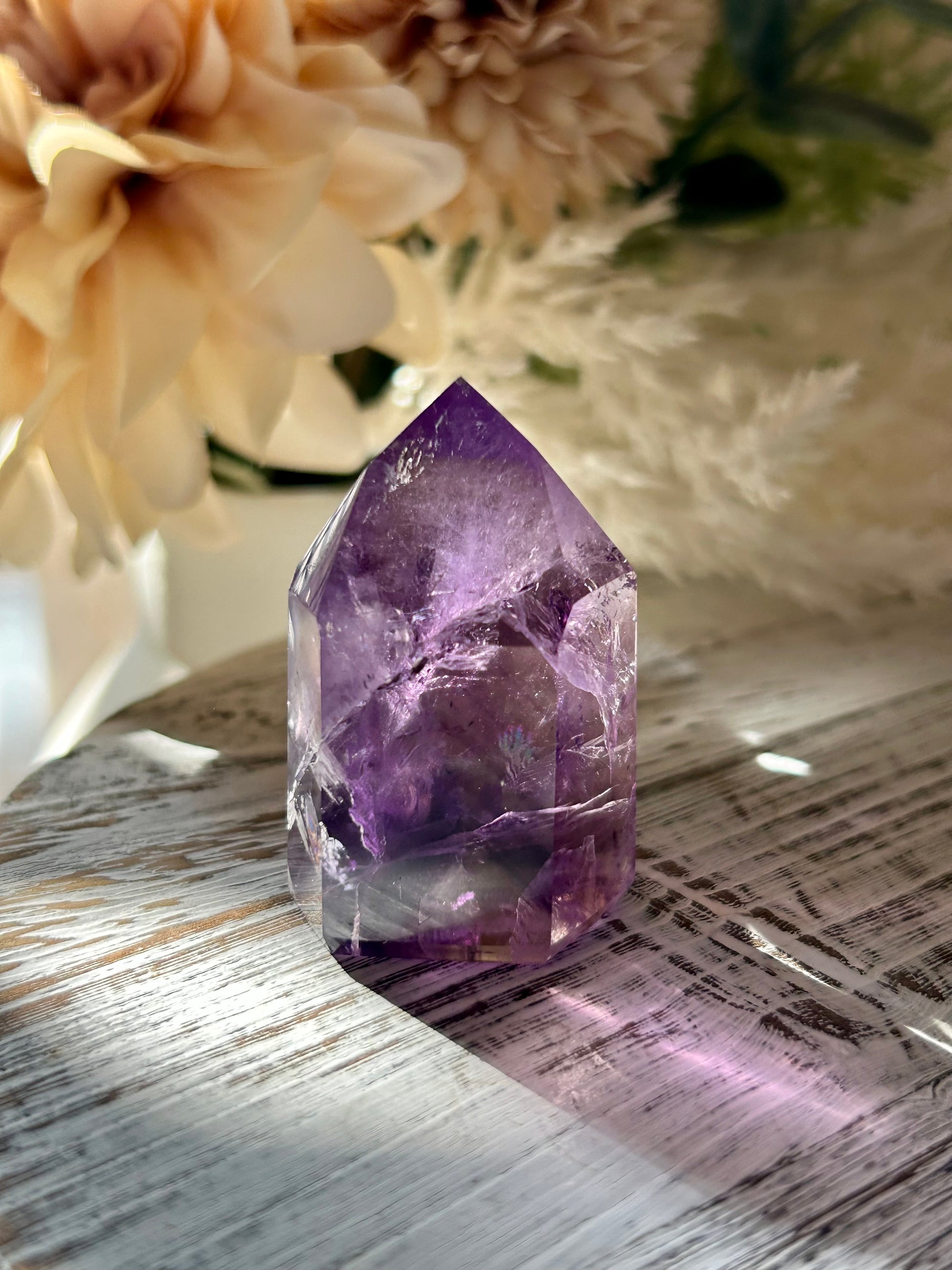 Royal Amethyst polished tower point crystal with natural quartz and amethyst variation