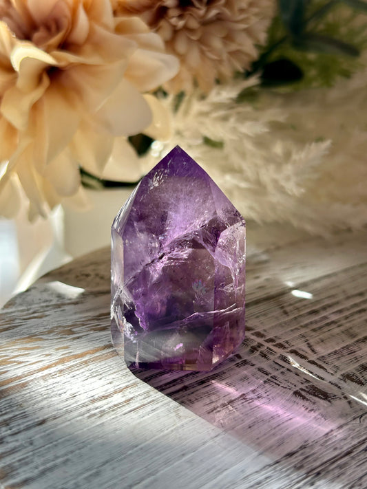 Royal Amethyst polished tower point crystal with natural quartz and amethyst variation