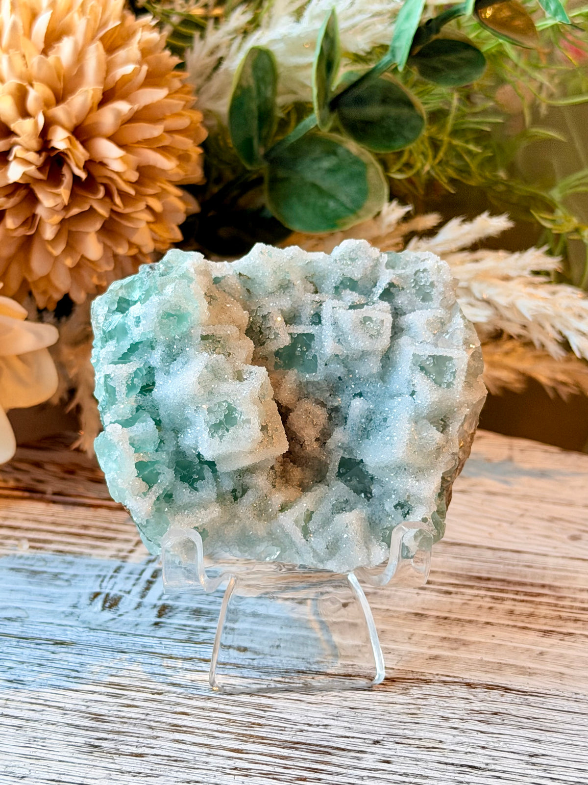 Green Sugar Fluorite Cluster - Stand Included