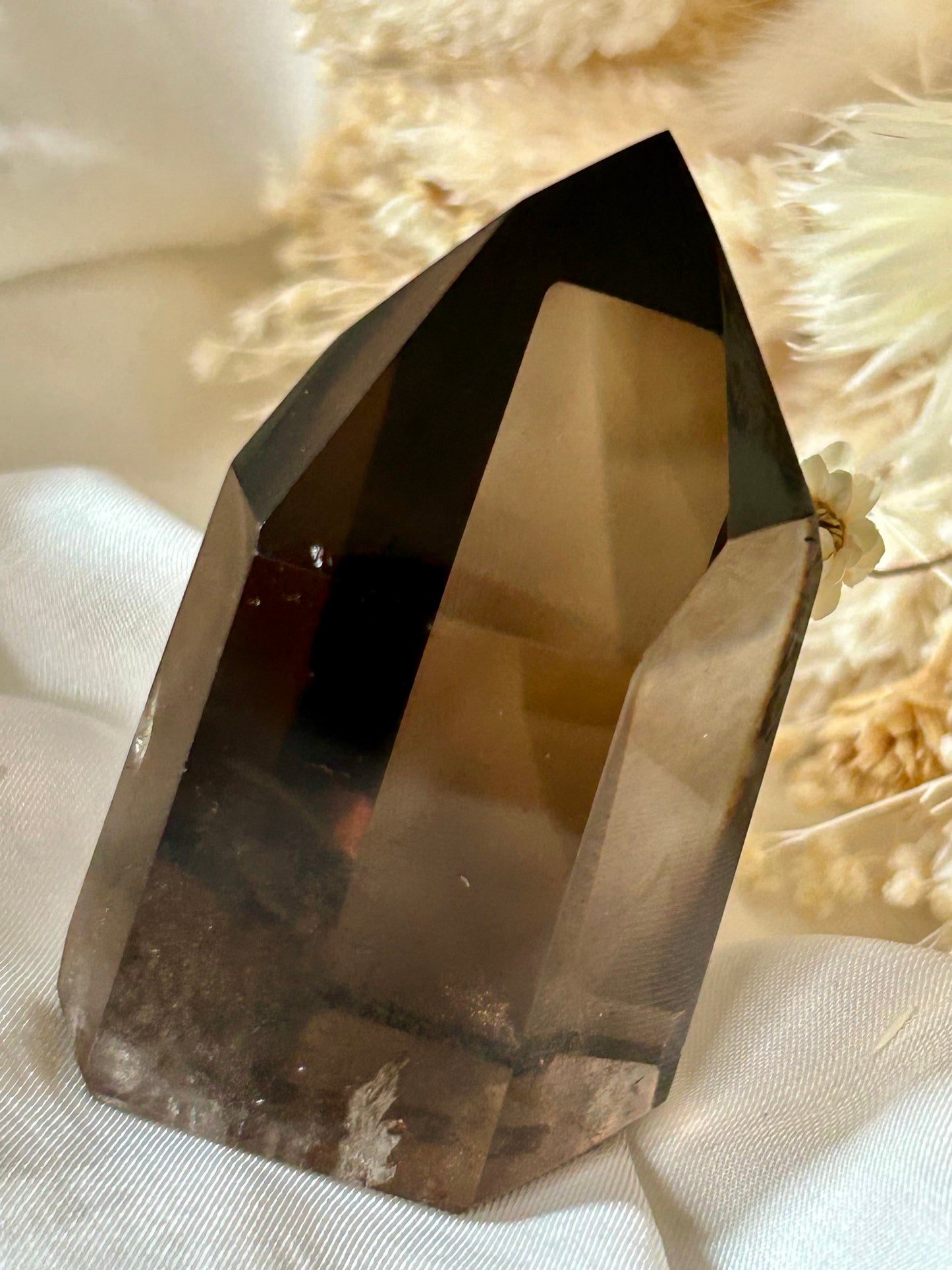 Smokey Quartz crystal with warm brown tones and soft clarity, standing upright on neutral background