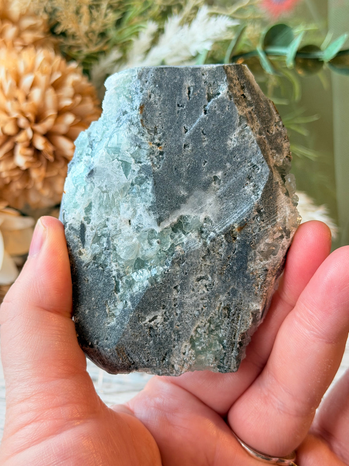 Green Sugar Fluorite Cluster - Stand Included